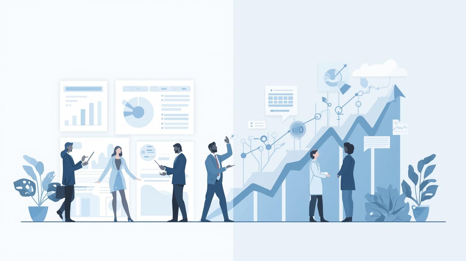 Business professionals analyze charts and graphs, with a rising arrow symbolizing growth.